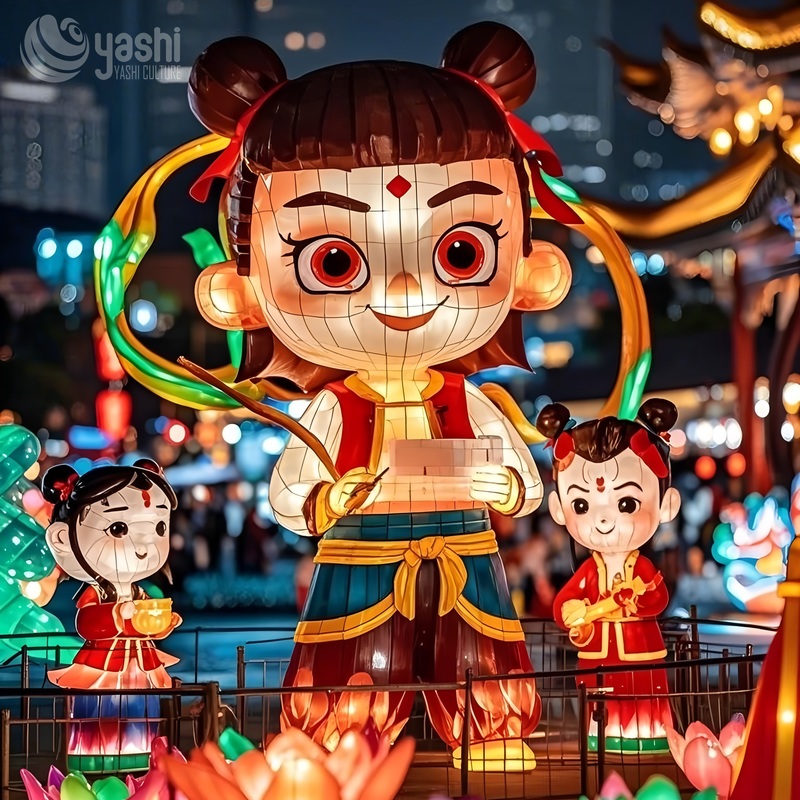 Custom Nezha Cartoon Character Zigong Lantern, Giant Chinese Myth Figure Light Sculpture, Waterproof Outdoor Temple Town Festival Light Decoration