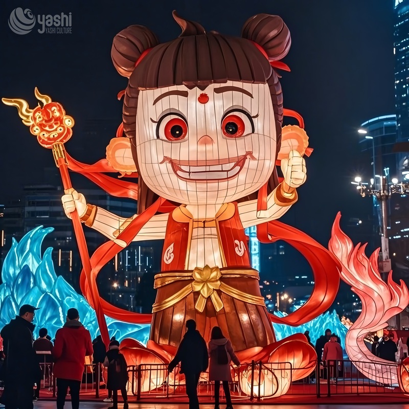 Custom Nezha Cartoon Character Zigong Lantern, Giant Chinese Myth Figure Light Sculpture, Waterproof Outdoor Temple Town Festival Light Decoration