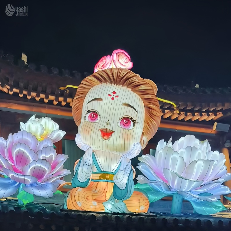 Custom Cartoon Ancient Chinese Lady Peony Zigong Lantern, Cute Hanfu Girl LED Light Sculpture, Waterproof Outdoor Festival Light Installation