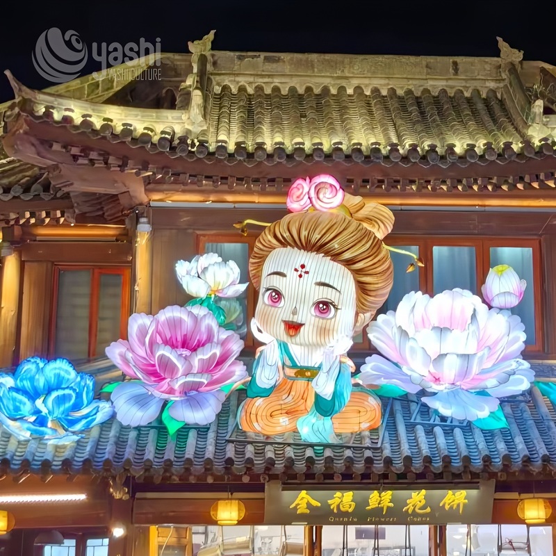 Custom Cartoon Ancient Chinese Lady Peony Zigong Lantern, Cute Hanfu Girl LED Light Sculpture, Waterproof Outdoor Festival Light Installation