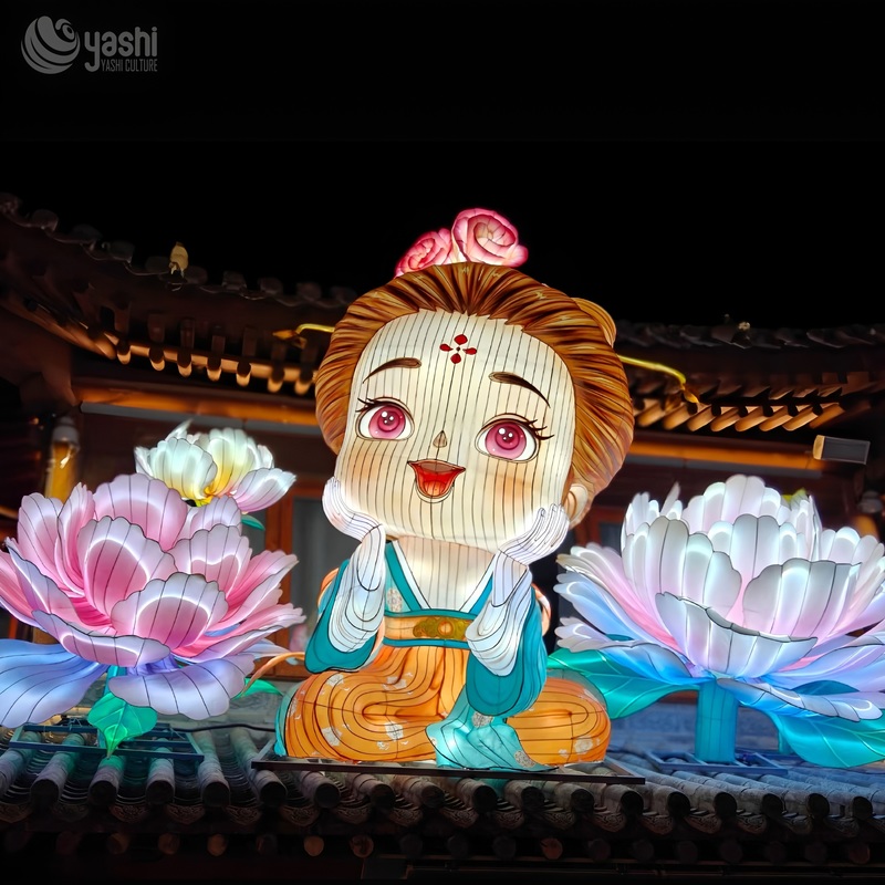 Custom Cartoon Ancient Chinese Lady Peony Zigong Lantern, Cute Hanfu Girl LED Light Sculpture, Waterproof Outdoor Festival Light Installation