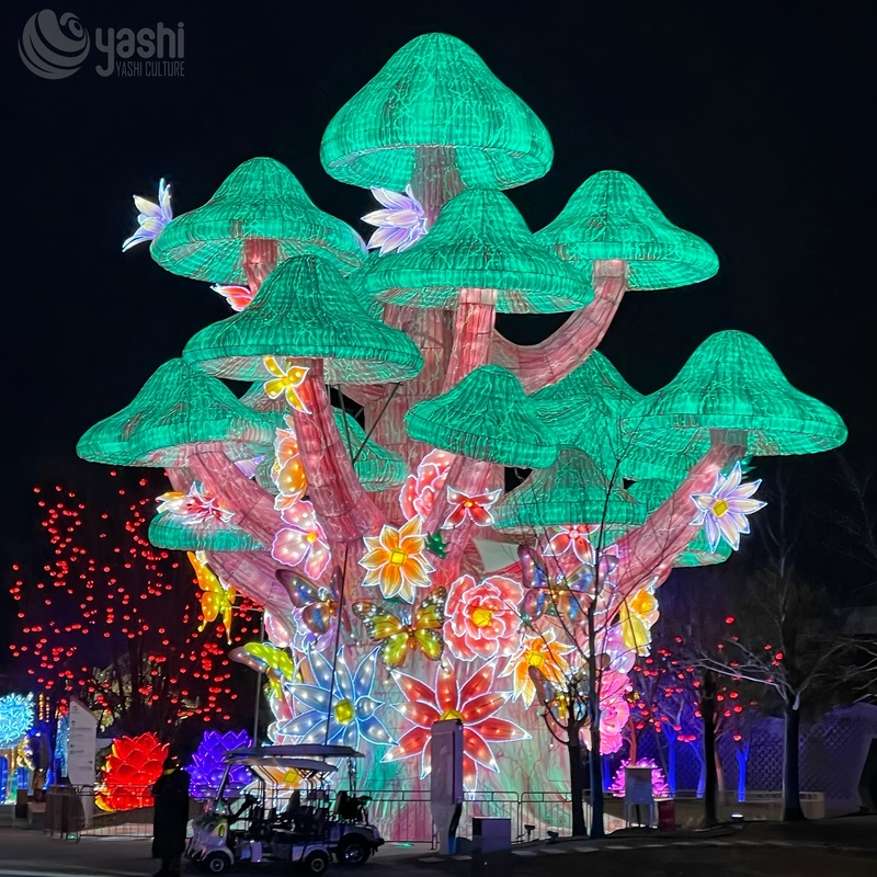 Custom Giant Mushroom Tree Zigong Lantern, Enchanted Forest Butterfly Floral Light Sculpture, Waterproof Outdoor Theme Park Light Decoration