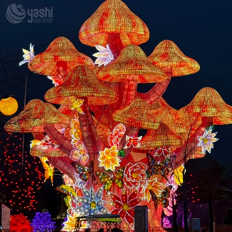 Custom Giant Mushroom Tree Zigong Lantern, Enchanted Forest Butterfly Floral Light Sculpture, Waterproof Outdoor Theme Park Light Decoration