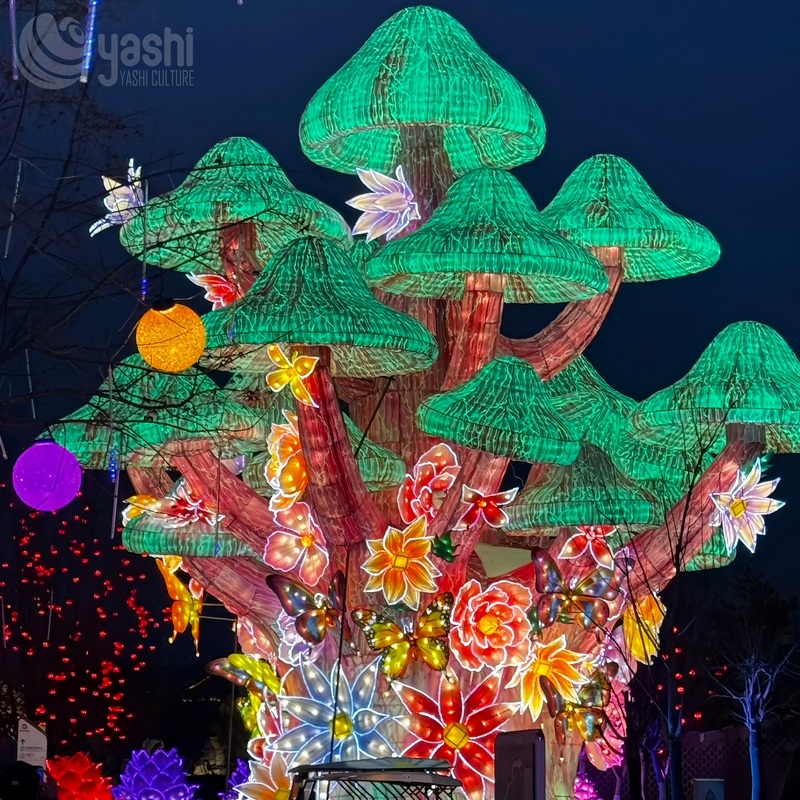 Custom Giant Mushroom Tree Zigong Lantern, Enchanted Forest Butterfly Floral Light Sculpture, Waterproof Outdoor Theme Park Light Decoration