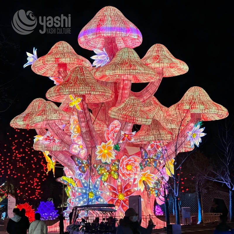 Custom Giant Mushroom Tree Zigong Lantern, Enchanted Forest Butterfly Floral Light Sculpture, Waterproof Outdoor Theme Park Light Decoration