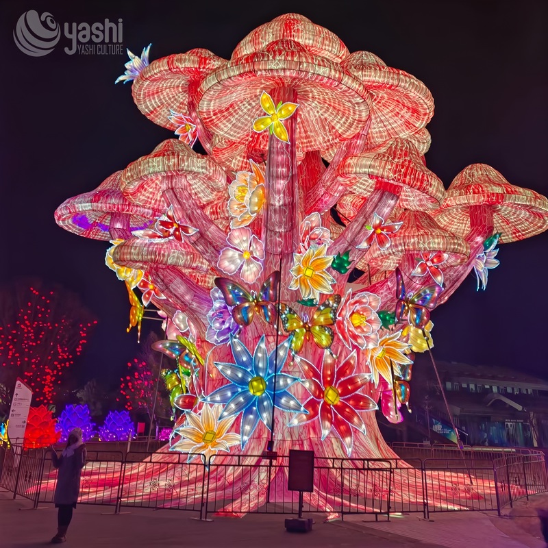 Custom Giant Mushroom Tree Zigong Lantern, Enchanted Forest Butterfly Floral Light Sculpture, Waterproof Outdoor Theme Park Light Decoration