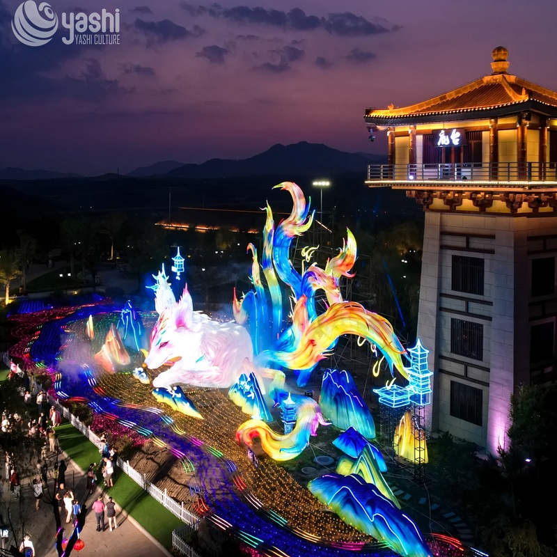 Custom Nine‑Tailed Fox Zigong Lantern, Mythical Oriental Nine Tails Fox LED Light Sculpture, Waterproof Outdoor Cultural Festival Light Installation