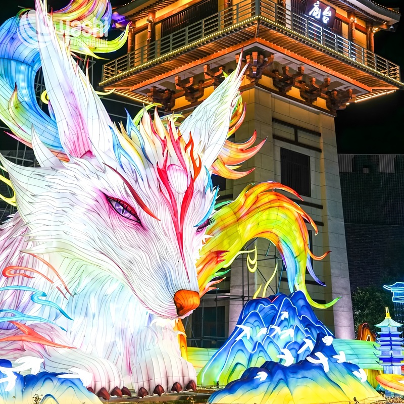 Custom Nine‑Tailed Fox Zigong Lantern, Mythical Oriental Nine Tails Fox LED Light Sculpture, Waterproof Outdoor Cultural Festival Light Installation