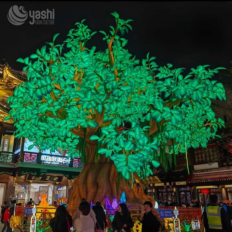 Custom Giant Blue Wishing Tree Zigong Lantern, LED Illuminated Big Tree Light Sculpture, Waterproof Outdoor Commercial Festival Light Installation