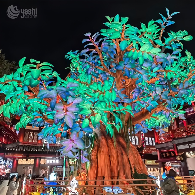 Custom Giant Blue Wishing Tree Zigong Lantern, LED Illuminated Big Tree Light Sculpture, Waterproof Outdoor Commercial Festival Light Installation