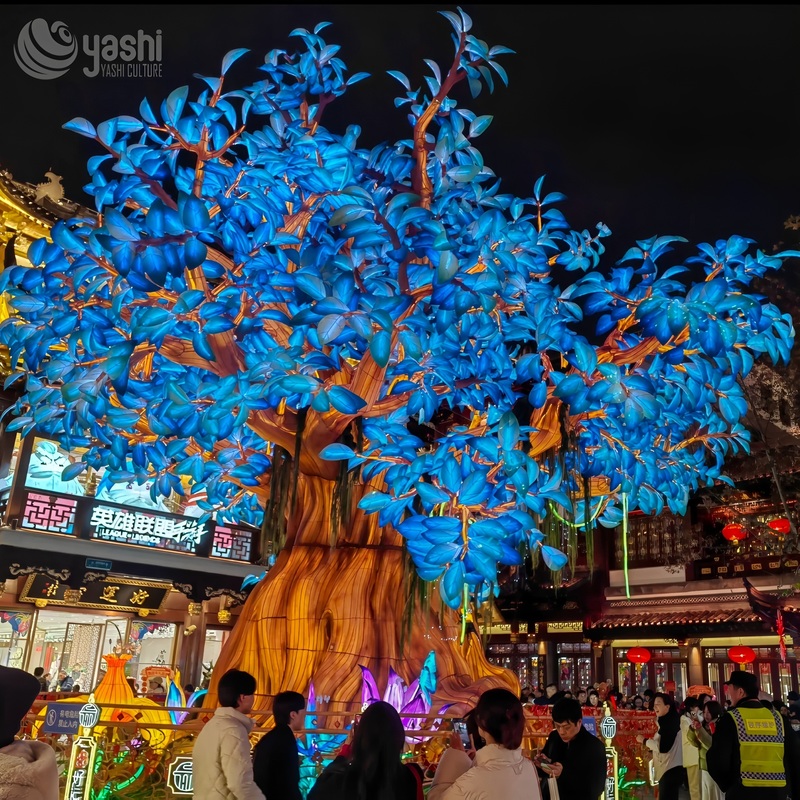 Custom Giant Blue Wishing Tree Zigong Lantern, LED Illuminated Big Tree Light Sculpture, Waterproof Outdoor Commercial Festival Light Installation