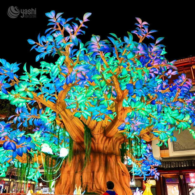 Custom Giant Blue Wishing Tree Zigong Lantern, LED Illuminated Big Tree Light Sculpture, Waterproof Outdoor Commercial Festival Light Installation