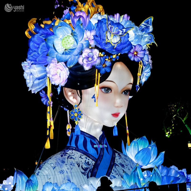 Custom Chinese Qing Dynasty Beauty Figure Zigong Lantern, Traditional Ancient Lady Floral Headdress LED Light Sculpture, Waterproof Outdoor Festival Light Installation