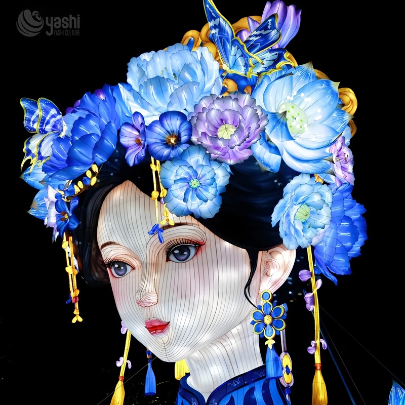 Custom Chinese Qing Dynasty Beauty Figure Zigong Lantern, Traditional Ancient Lady Floral Headdress LED Light Sculpture, Waterproof Outdoor Festival Light Installation