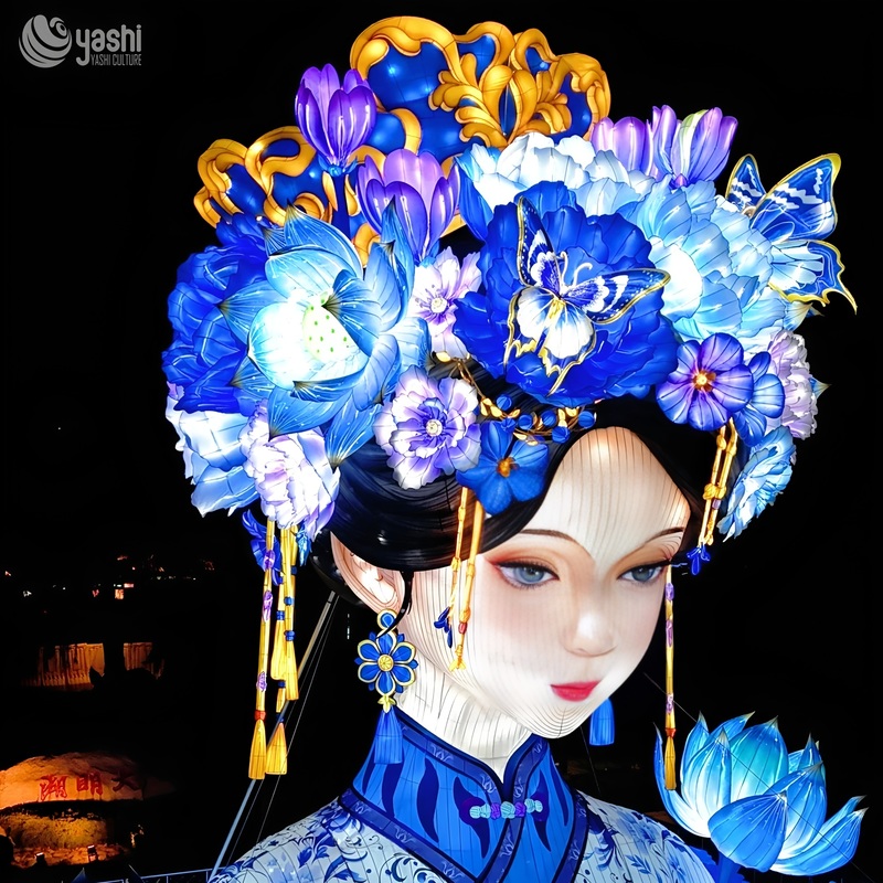 Custom Chinese Qing Dynasty Beauty Figure Zigong Lantern, Traditional Ancient Lady Floral Headdress LED Light Sculpture, Waterproof Outdoor Festival Light Installation