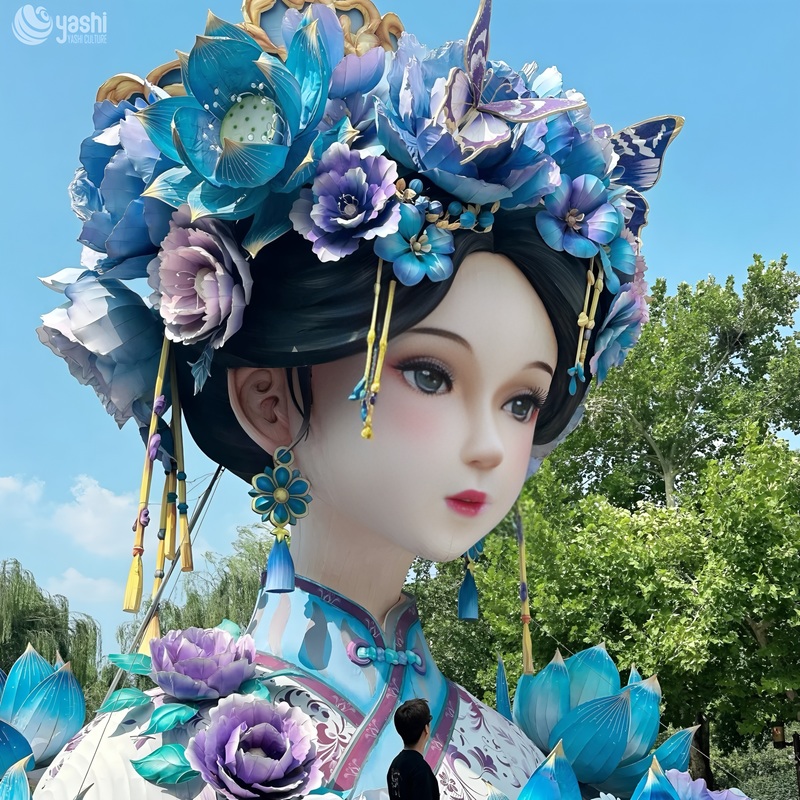 Custom Chinese Qing Dynasty Beauty Figure Zigong Lantern, Traditional Ancient Lady Floral Headdress LED Light Sculpture, Waterproof Outdoor Festival Light Installation