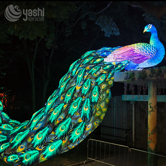 Custom Large Peacock Zigong Lantern, Long Tail Colorful Peacock LED Light Sculpture, Waterproof Outdoor Park Festival Light Installation