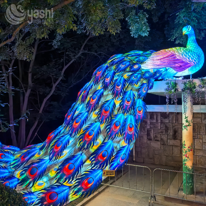 Custom Large Peacock Zigong Lantern, Long Tail Colorful Peacock LED Light Sculpture, Waterproof Outdoor Park Festival Light Installation