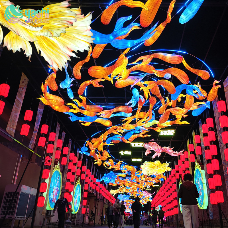 Túnel de luz de carpa de pez dorado colgante personalizado, instalación de linterna de pez de estilo chino para techo para festival nocturno y calle turística