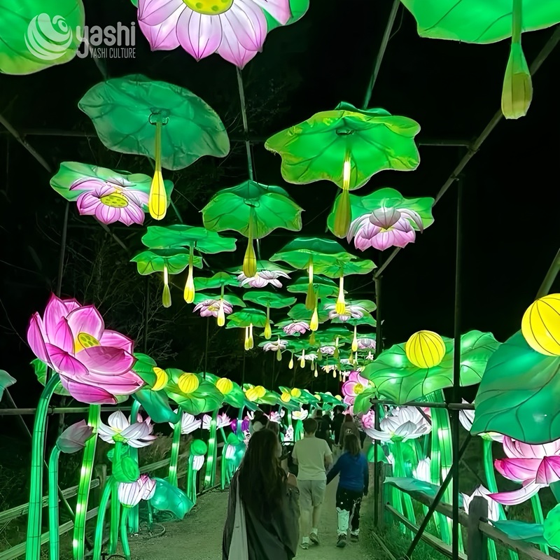 Custom Lotus Walkway Lantern Decoration, Hanging Lotus Leaf & Flower LED Light Tunnel for Park Path, Garden & Lantern Festival