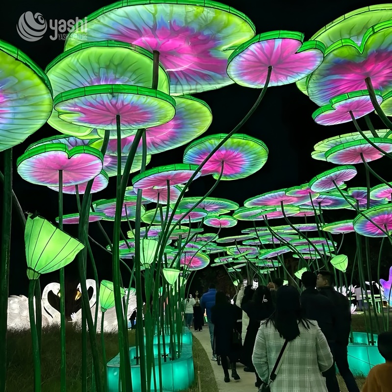 Custom Lotus Walkway Lantern Decoration, Hanging Lotus Leaf & Flower LED Light Tunnel for Park Path, Garden & Lantern Festival