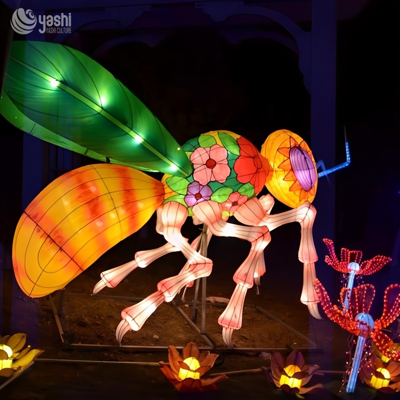 Custom Giant Wasp Insect Zigong Lantern, Large Bug With Foliage LED Light Sculpture, Waterproof Outdoor Garden & Zoo Festival Light Installation
