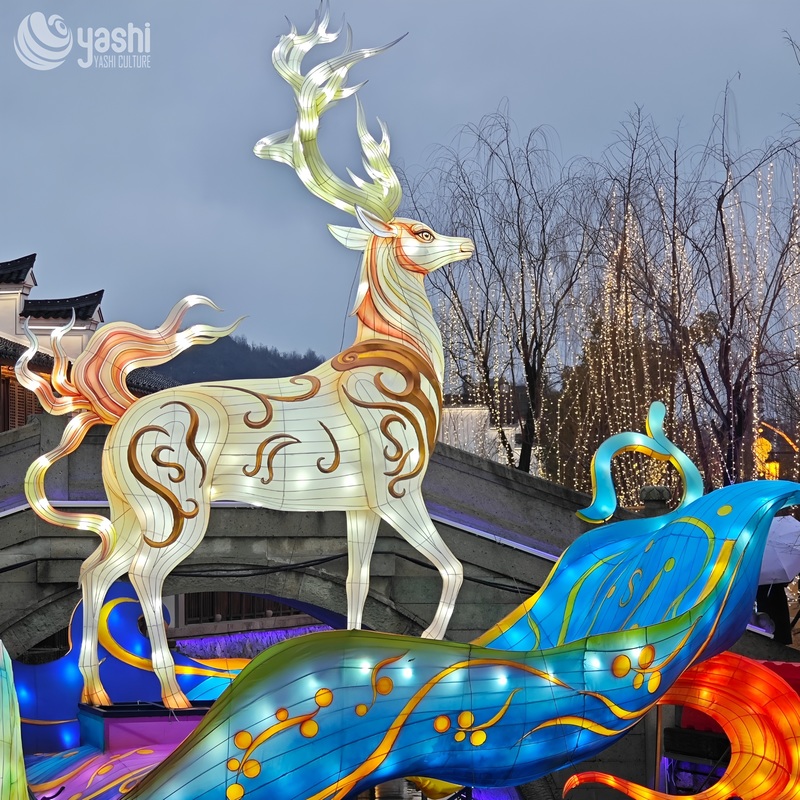 Custom Traditional Pattern Divine Deer Zigong Lantern, Mythical Spirit Elk LED Light Sculpture for Outdoor Festival Display