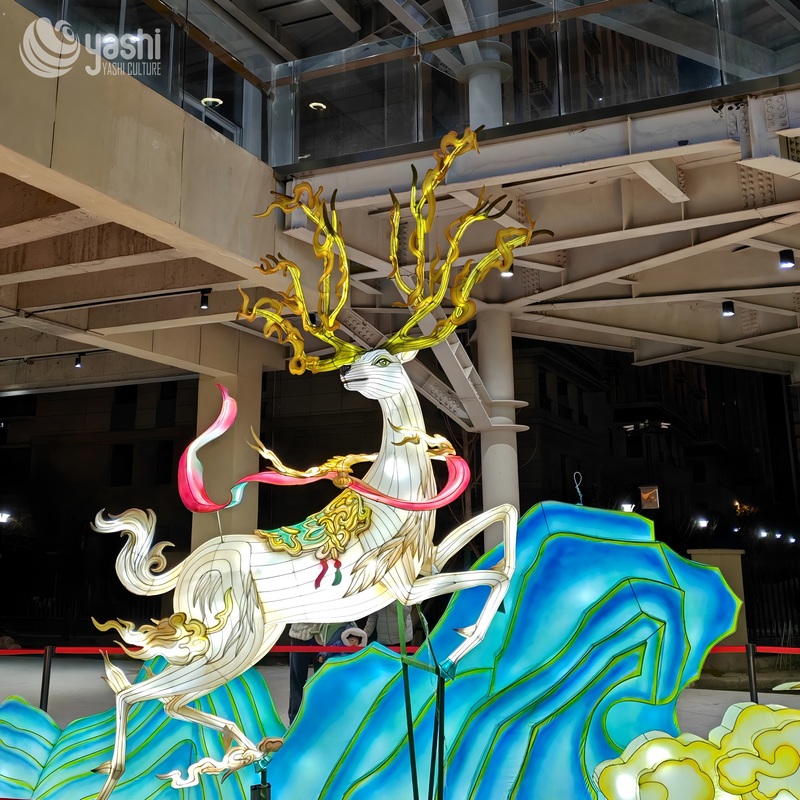 Custom Traditional Pattern Divine Deer Zigong Lantern, Mythical Spirit Elk LED Light Sculpture for Outdoor Festival Display