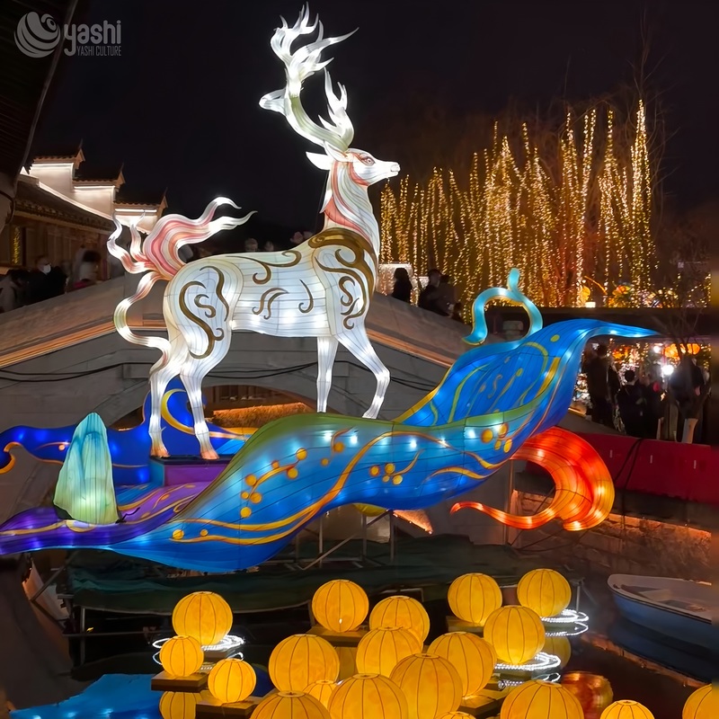Custom Traditional Pattern Divine Deer Zigong Lantern, Mythical Spirit Elk LED Light Sculpture for Outdoor Festival Display