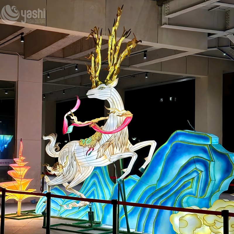 Custom Traditional Pattern Divine Deer Zigong Lantern, Mythical Spirit Elk LED Light Sculpture for Outdoor Festival Display