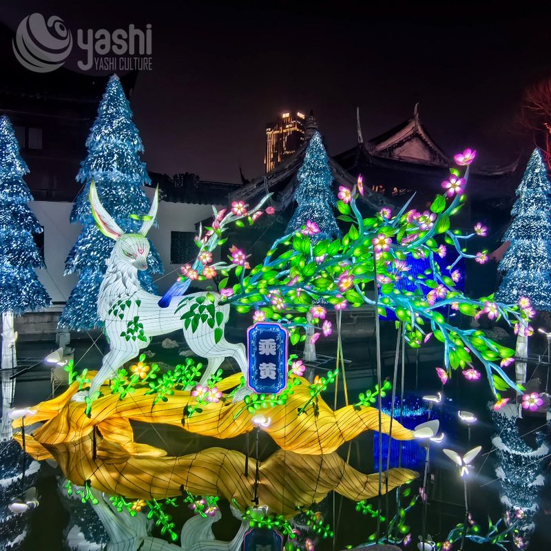 Custom Mythical Deer LED Lantern, Fantasy Fairy‑tale Animal Light Sculpture with Floral Scene for Cultural Theme Lantern Festival