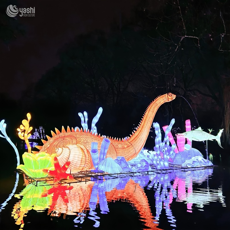 Custom Water Dinosaur Undersea Theme Zigong Lantern Set, Giant Plesiosaur Ocean Coral LED Light Sculpture, Waterproof Floating Outdoor Festival Light Installation