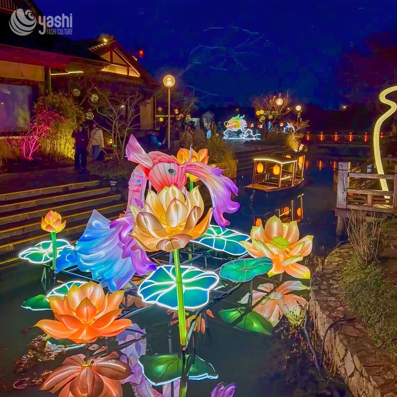 Custom Large Gradient Koi Fish Zigong Lantern with Lotus, Waterproof Silk Carp Light Sculpture, Outdoor Water Scene Festival Light Decoration
