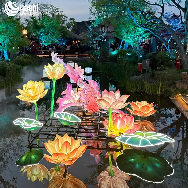Custom Large Gradient Koi Fish Zigong Lantern with Lotus, Waterproof Silk Carp Light Sculpture, Outdoor Water Scene Festival Light Decoration