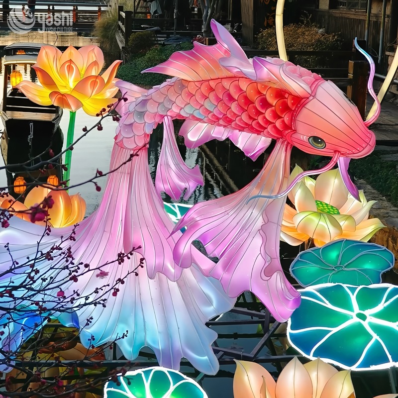 Custom Large Gradient Koi Fish Zigong Lantern with Lotus, Waterproof Silk Carp Light Sculpture, Outdoor Water Scene Festival Light Decoration