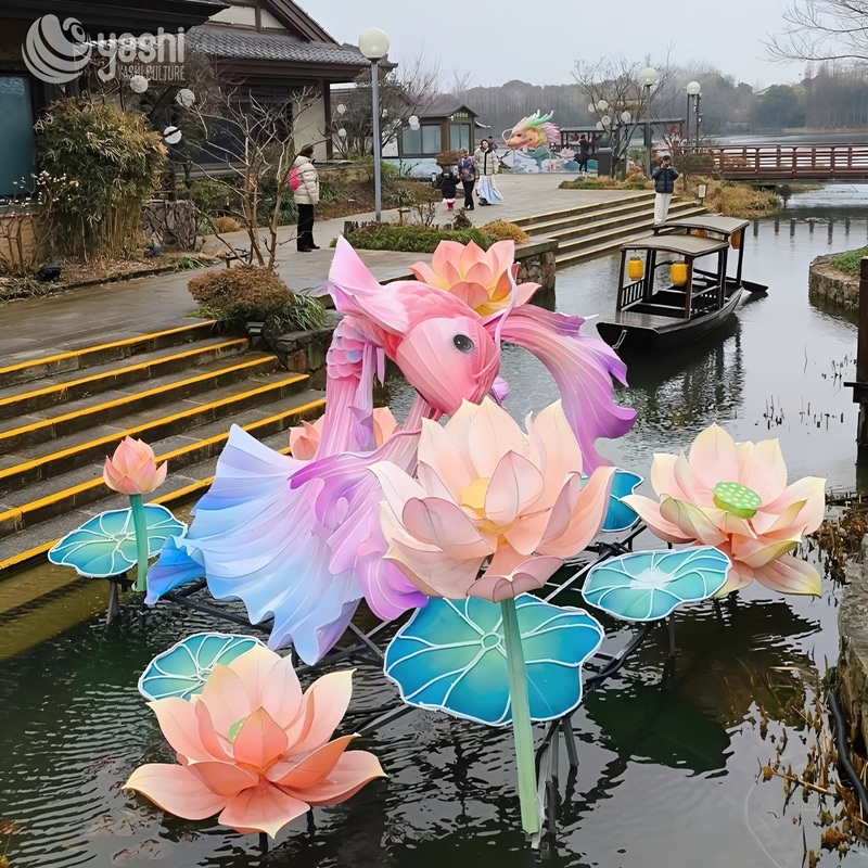 Custom Large Gradient Koi Fish Zigong Lantern with Lotus, Waterproof Silk Carp Light Sculpture, Outdoor Water Scene Festival Light Decoration