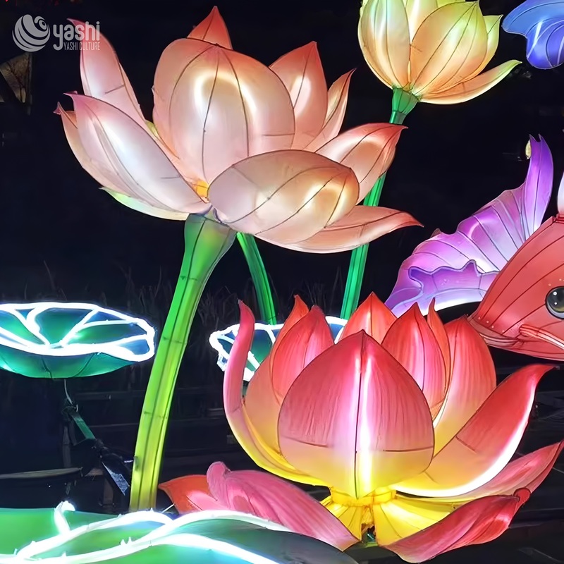Custom Large Gradient Koi Fish Zigong Lantern with Lotus, Waterproof Silk Carp Light Sculpture, Outdoor Water Scene Festival Light Decoration