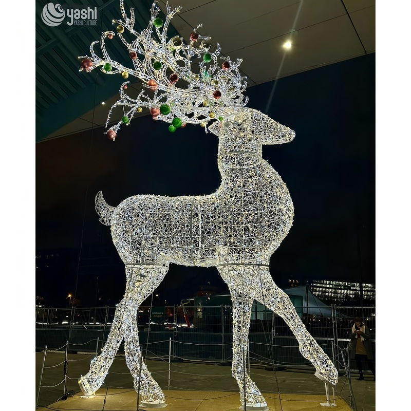 Giant LED Wire Frame Reindeer Light Sculpture, Waterproof Outdoor Christmas Lighted Deer With Baubles For Mall Park Holiday Decoration