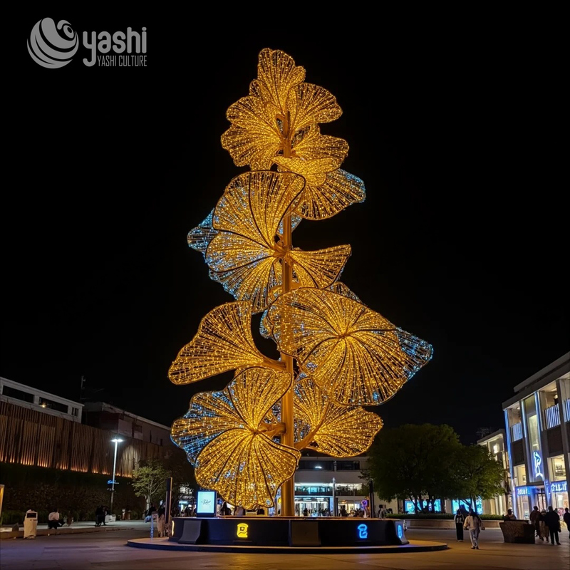 Custom Abstract Swirl Leaf LED Motif Light Sculpture, Outdoor Waterproof Giant Wireframe Light Art for Commercial Plaza