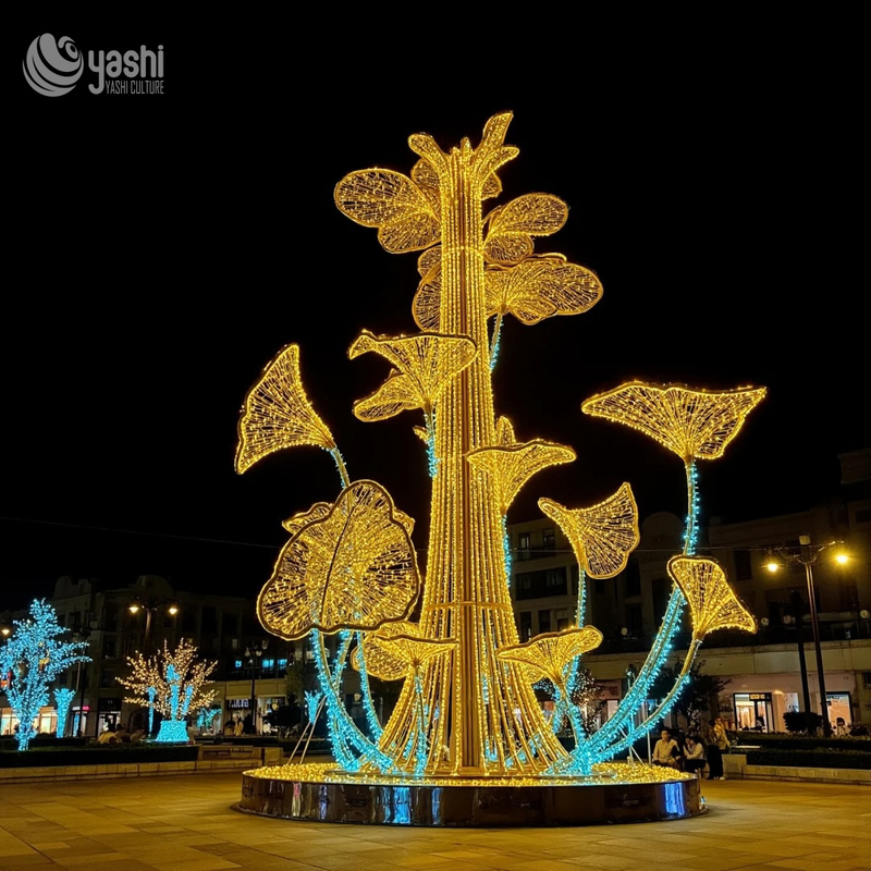Custom Abstract Swirl Leaf LED Motif Light Sculpture, Outdoor Waterproof Giant Wireframe Light Art for Commercial Plaza