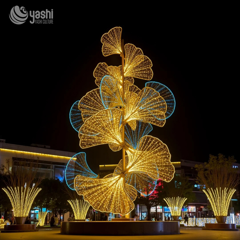 Custom Abstract Swirl Leaf LED Motif Light Sculpture, Outdoor Waterproof Giant Wireframe Light Art for Commercial Plaza