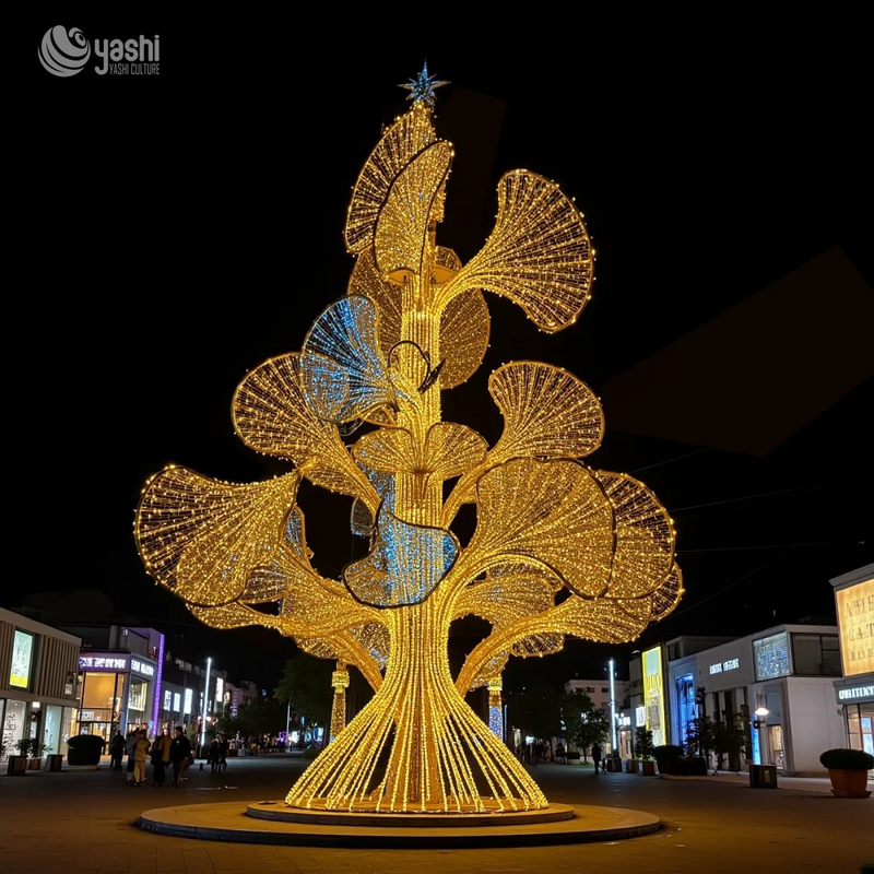 Custom Abstract Swirl Leaf LED Motif Light Sculpture, Outdoor Waterproof Giant Wireframe Light Art for Commercial Plaza