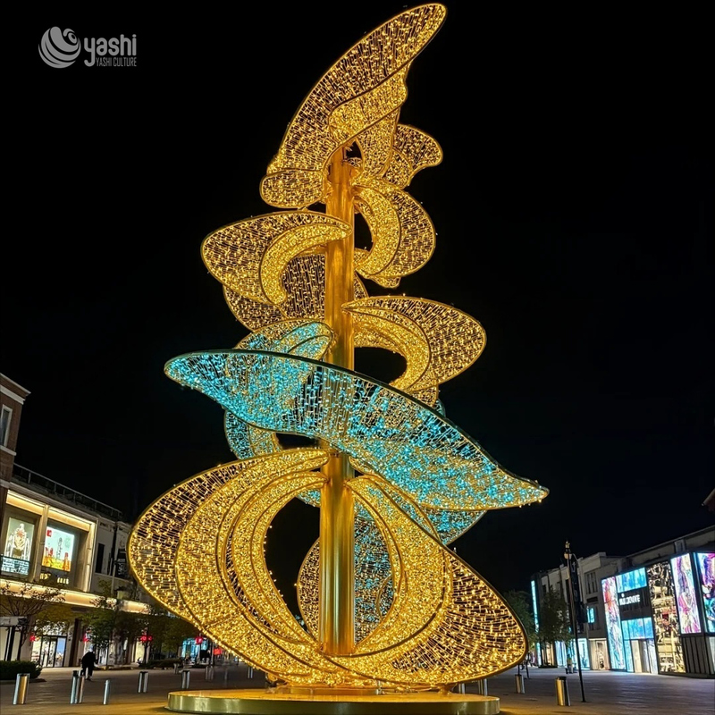 Custom Abstract Swirl Leaf LED Motif Light Sculpture, Outdoor Waterproof Giant Wireframe Light Art for Commercial Plaza