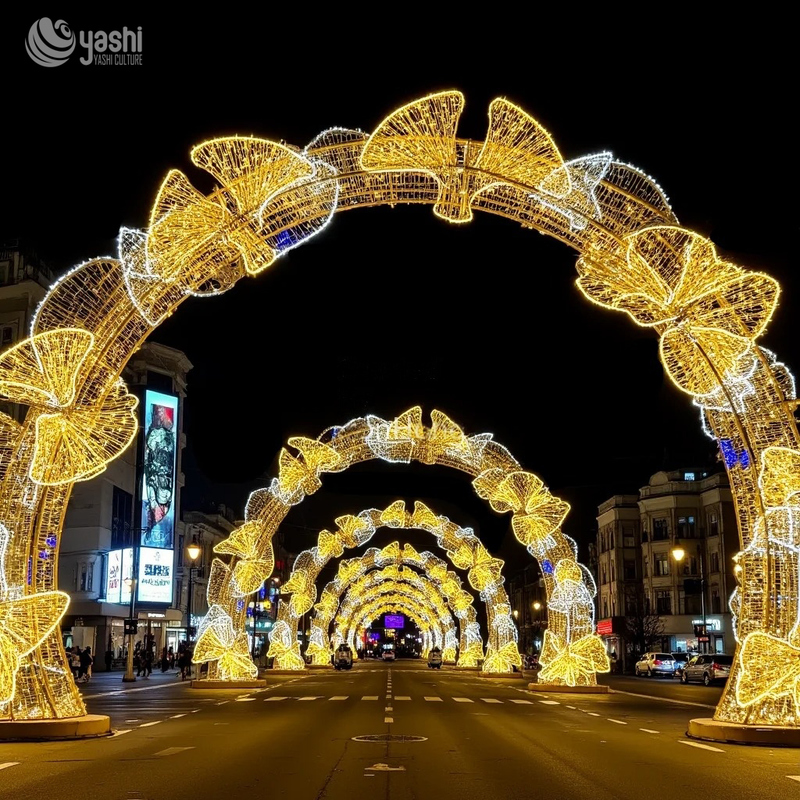 Custom Ginkgo Leaf LED Light Arch Tunnel, Large Commercial Street Holiday Light Arch for City & Festival Events