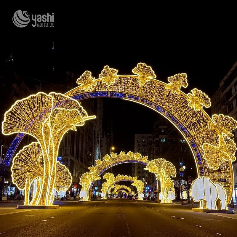 Custom Ginkgo Leaf LED Light Arch Tunnel, Large Commercial Street Holiday Light Arch for City & Festival Events