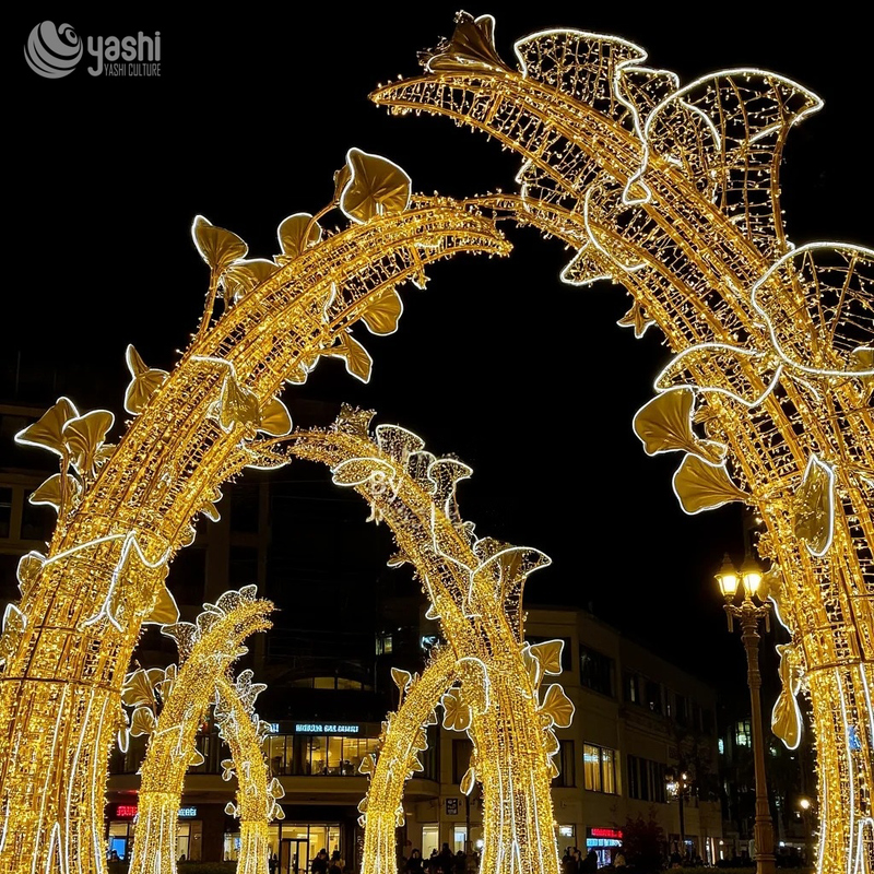 Custom Ginkgo Leaf LED Light Arch Tunnel, Large Commercial Street Holiday Light Arch for City & Festival Events