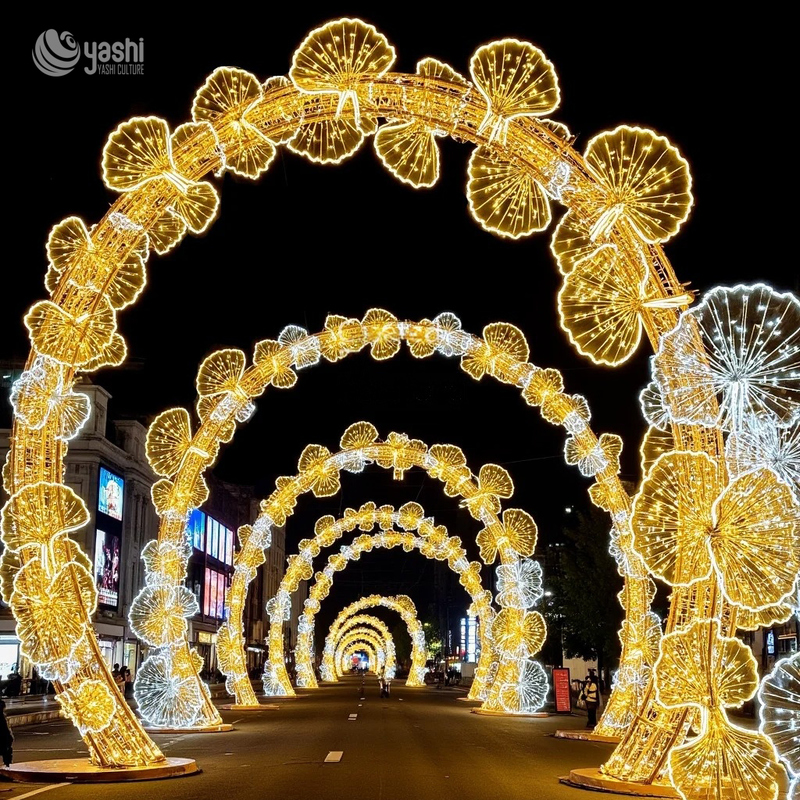 Custom Ginkgo Leaf LED Light Arch Tunnel, Large Commercial Street Holiday Light Arch for City & Festival Events