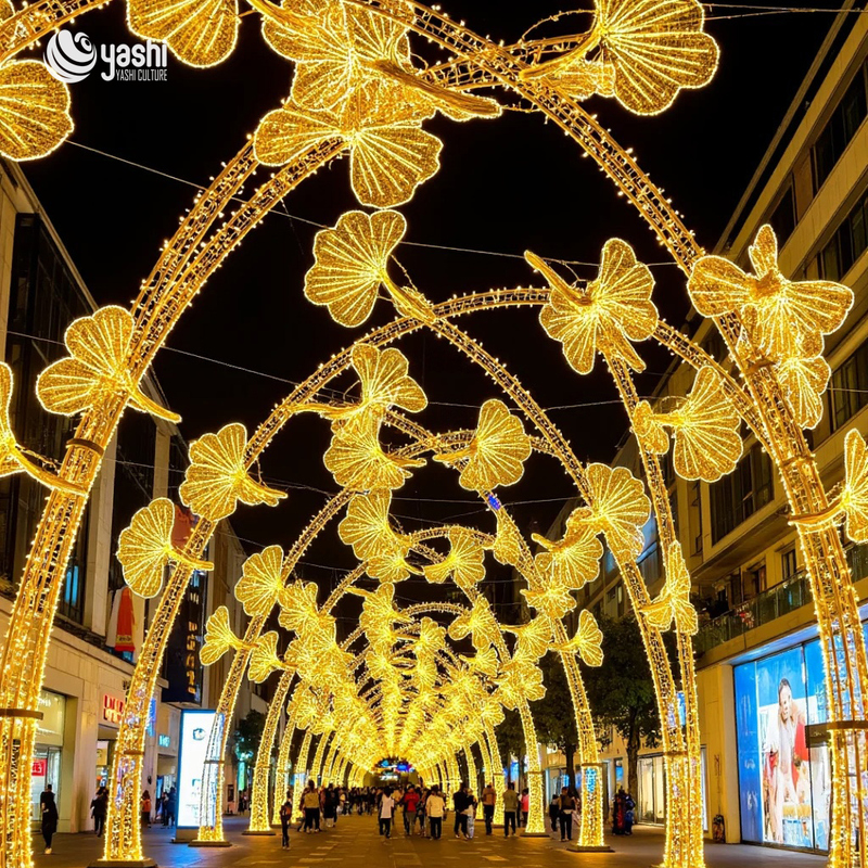 Custom Ginkgo Leaf LED Light Arch Tunnel, Large Commercial Street Holiday Light Arch for City & Festival Events