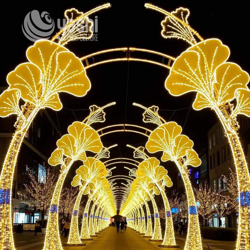 Custom Ginkgo Leaf LED Light Arch Tunnel, Large Commercial Street Holiday Light Arch for City & Festival Events
