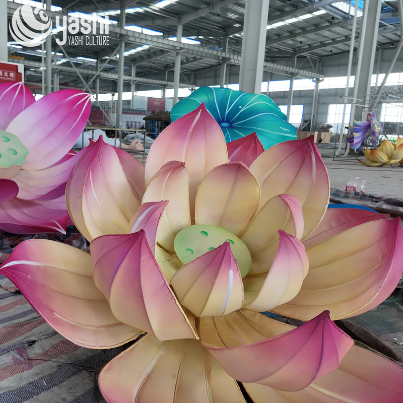 Custom Giant Lotus Lantern Group With Lotus Leaf, LED Floral Light Sculpture for Water Pond & Festival Exhibition